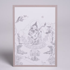 Detailed perspective of a fine art print featuring the sacred deity Sarasvati, beautifully reproducing the intricate lines and spiritual energy of the original Thangka painting