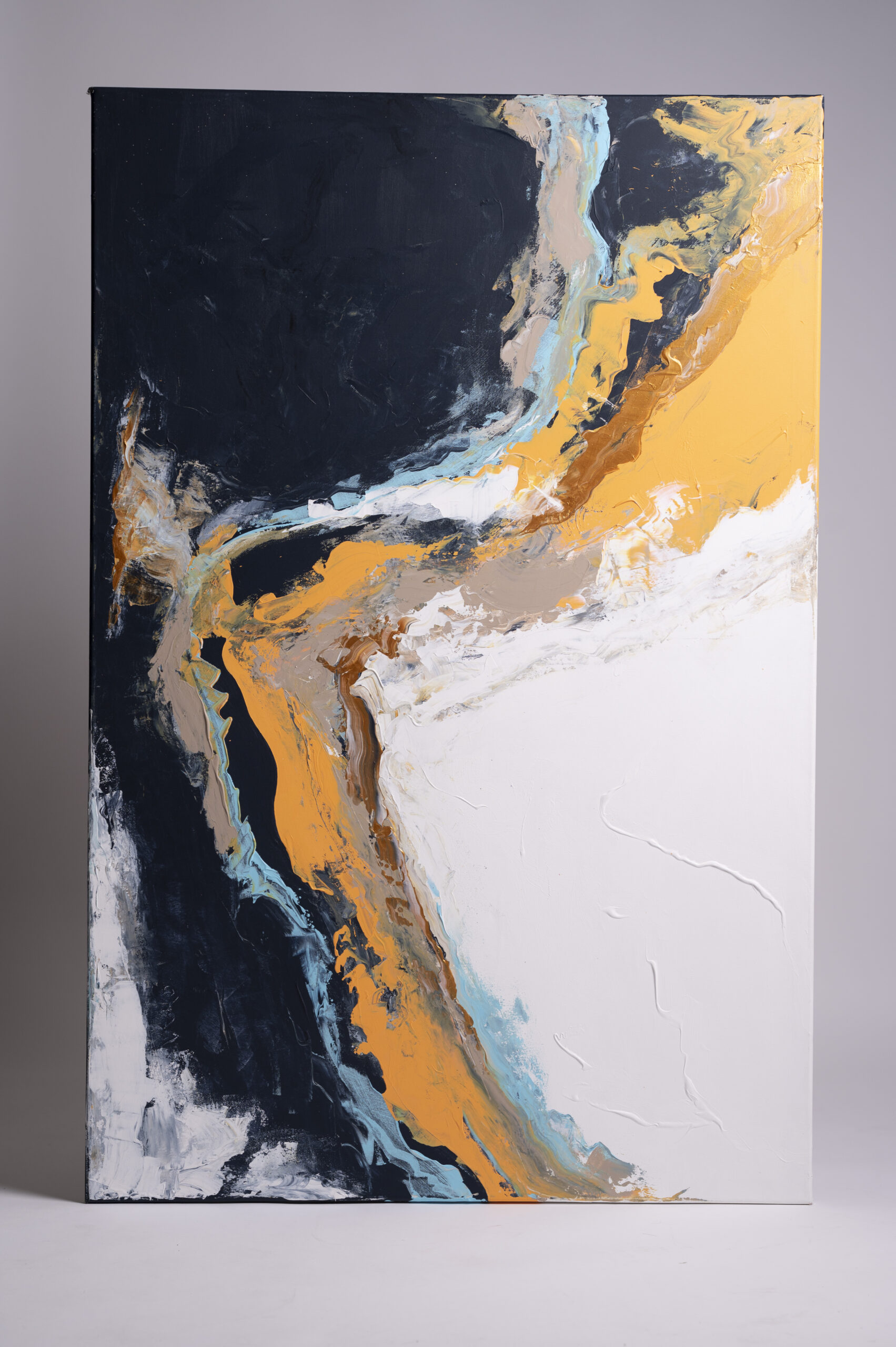 An original acrylic painting from the Archive Collection, representing the transition from day to night with a large white expanse gently blending into golden solar energy 1